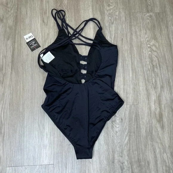 Bar III Women's Black Sunset Solids Strappy Ladder Plunge One-Piece Swimsuit - Picture 3 of 3